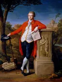 Francis Basset, I Baron of Dunstanville van Pompeo Batoni: portret met man, rode jas, sokkel en bomen, in rood en blauw