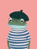 Schilderij van een kikker met baret en gestreept shirt op roze achtergrond