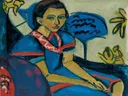 Fränzi, ca. 1911 van Ernst Ludwig Kirchner: figuren met meisje, blauwe jurk, stoel en plant, in helder blauw met geel