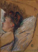 Frau im Bett van Henri de Toulouse-Lautrec: figuren met vrouw, bed, slapen en rood haar, in zacht roze en okergeel