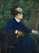 Frau im Garten van Pierre-Auguste Renoir: portret met vrouw, blauwe jurk, tuin en stoel, in diep blauw met groen