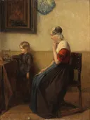 Friesch interieur met jonge boerin en meisje van Christoffel Bisschop: portret