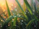 Botanisch schilderij van glinsterende dauwdruppels tussen gras