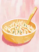 Schilderij van een gele kom met koolsalade en een oranje lepel.