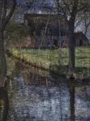 Frühjahr an der Wümme c1910 van Otto Modersohn: landschap met water, bomen, huis en lente, in donker blauwgroen