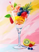 Schilderij van een martiniglas gevuld met fruit zoals citrus, aardbeien en blauwe bessen.