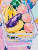 Schilderij van een fruitmand met bananen, een aubergine en perziken.