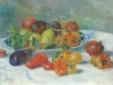 Fruits of the Midi van Pierre-Auguste Renoir: stilleven met fruit, paprika, aubergine en granaatappel, in rood en groen op grijs