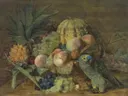 Fruitstilleven met een papegaai van Ferdinand Georg Waldmüller: stilleven met fruit