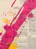 Fuchsia diagonale verfveeg met gouden spatten over krantenpapier