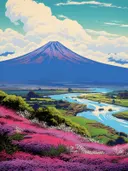 Landschap met de berg Fuji, een rivier en een roze bloemenveld op de voorgrond