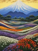 Landschap met de berg Fuji, kleurrijke bloemenvelden en een zonsondergang