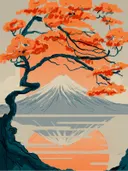 Illustratie van de berg Fuji met een oranje herfstboom en spiegelend water.