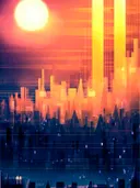 Futuristische skyline bij zonsondergang schilderij