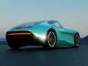 Futuristische mintgroene sportwagen gefotografeerd van achteren bij schemering met bergen op de achtergrond.