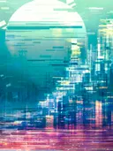 Futuristische stad met maan schilderij