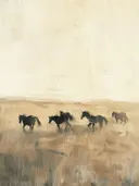 Schilderij van een groep rennende paarden in een open vlakte.