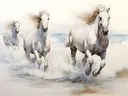 Schilderij van witte paarden die door de branding galopperen