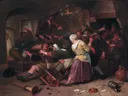 Gamblers' Quarrel van Jan Steen: figuren met ruzie, herberg, vechtpartij en kaartspel, in donker bruin met rood