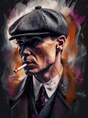 Portret schilderij van een man met flatcap en sigaret in gangsterstijl