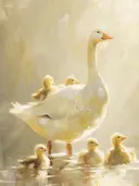 Schilderij van een gans met kuikens in zonlicht