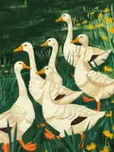 Groep witte ganzen tussen gras en gele bloemen