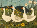 Schilderij van ganzen wandelend door een bloemrijke wei
