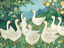 Schilderij van een groep ganzen tussen bloesemstruiken