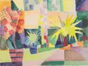 Garden on Lake Thun van August Macke: abstract met kleurvlakken, tuin, planten en ruiten, in roze, geel en blauw