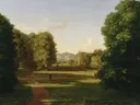 Gardens of the Van Rensselaer Manor House (1840) van Thomas Cole: landschap met tuin, paden, bomen en gazon, in diep groen