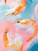 Schilderij van garnalen tegen een roze en blauwe achtergrond.