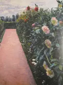 Gartenweg und Dahlienbeet, Petit Gennevilliers van Gustave Caillebotte: bloemen met tuinpad, dahlia's, border en tuin, in roze en donkergroen