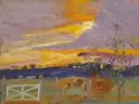 Gate at the Home in Nairobi (Oxcarts on the Nairobi Road) van Akseli Gallen-Kallela: landschap met hek, zonsondergang, bomen en savanne, in paars, oranje en geel