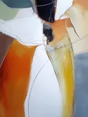 Abstract schilderij met gebarsten vlakken in oranje en geel