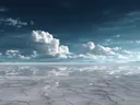 Schilderij van een gebarsten zoutvlakte onder een blauwe wolkenlucht