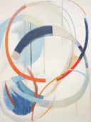 Abstract schilderij met gebogen banden in blauw, oranje en marineblauw op crème achtergrond