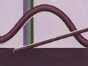 Schilderij van gebogen boog in aubergine en mint, in vlakke kleurvlakken