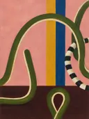 Schilderij van gebogen boog in olijf en crème, in vlakke kleurvlakken