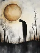 Surrealistisch schilderij van een zwarte gebogen figuur onder een grote gouden maan tussen kale bomen