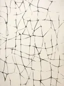 Abstract patroon van dunne zwarte lijnen die een crème vlak in cellen verdelen.