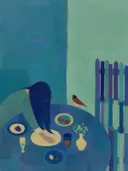 Schilderij van gedekte tafel van boven in koele kleuren bij elkaar