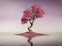 Boom met gedraaide stam en roze bladerdek op een klein eilandje in stil water