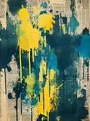 Gele verfspatten over een donkerblauwe inktwas op krantenpapier