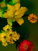 Boeket met een gele lelie, gele madeliefjes en een oranje en rode gerbera.