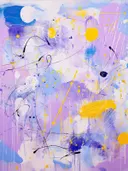 Abstract schilderij met gele verfspatten op een lila en blauwe achtergrond.