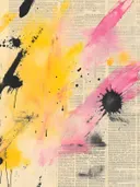 Abstract schilderij met diagonale gele en roze verfvlakken en een zwarte inktspat