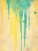 Abstract schilderij met gele en teal verfdruppels op vergeeld papier