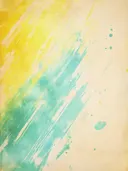Abstract waterverf schilderij met diagonale gele en turquoise verfbanen op beige achtergrond