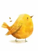 Illustratie van een geel vogeltje met vallende blaadjes, kinderkamer schilderij