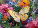 Schilderij van een geel-witte vlinder tussen roze en oranje bloemen